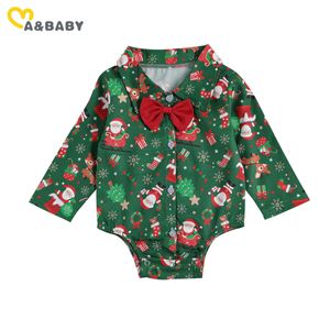 0-24M Kerstgeboren baby babyjongens Romper lange mouw cartoon Santa Green Jumpsuit boog gentleman pak 210515