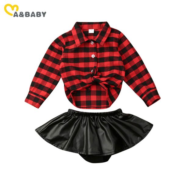 0-24M Christmas born Infant Baby Girl Clothes Set Red Plaid Blusa de manga larga Pu Faldas de cuero Fiesta de Navidad Otoño Trajes 210515