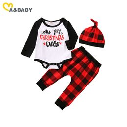 0-24M My 1st Christmas Born Baby Boy Clothes Set Infant Letter Romper Rood Plaid Broek Hoed Xmas Outfits 210515