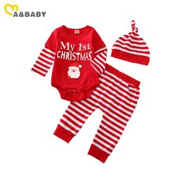 0-24M My 1st Christmas Born Baby Boy Girl Red Clothes Set Cartoon Santa Letter Romper Gestreepte Broek Hoed Xmas Outfits 210515