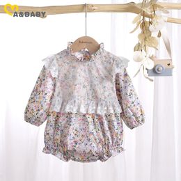 0-24M printemps automne né infantile bébé fille fleur barboteuse Vintage dentelle florale à manches longues volants combinaison vêtements 210515