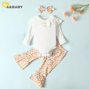 0-24M lente herfst bloem geboren baby baby meisje kleding set gebreide witte lange mouw romper flare broek outfits 210515