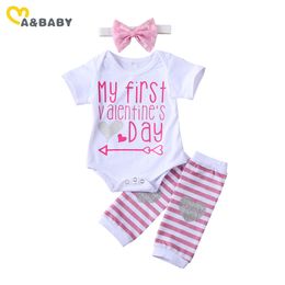 0-24M Valentine \ US Day Born Infant Baby Girl Vêtements Set Summer Manches courtes Lettre Romper Jambières Tenues 210515