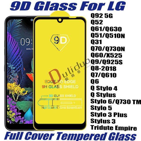 Protecteur d'écran de téléphone en verre trempé à couverture complète 9D pour LG Q92 5G Q52 Q61 Q630 Q51 Q31 Q70 Q60 Q6 Q8 Q7 Q6 Q Stylus Stylo 6 5 3 Tridute Empire