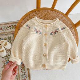 0-2T ins babymeisjes vest met bloem borduurwerk beige gebreide trui 100% katoenen boetiek voor meisje lente herfstkleding 83113