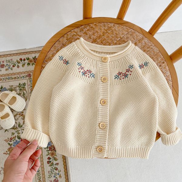 0-2T INS Baby Girls Cardigan avec broderie de fleurs Beige pull tricoté 100% coton boutique pour fille printemps automne vêtements 83113