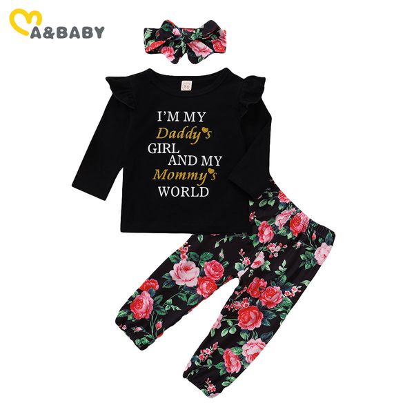 0-2Y automne enfant en bas âge né bébé filles fleur vêtements ensemble lettre à manches longues t-shirt haut Rose pantalon bandeau tenues 210515