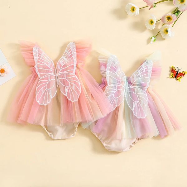 0-2y bébé fille robeurs robe broderie papillon aile manche mouche arc-en-ciel couleur tulle jupe ourlet combinaison vêtements bodys combinaisons 240507