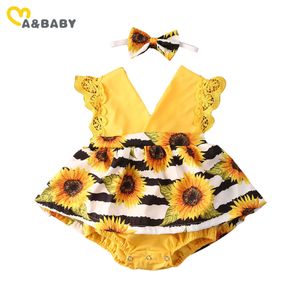 0-2Y zomer baby geboren baby meisjes v-hals romper bloem kant jumpsuit zonnebloem kleding kostuums 210515