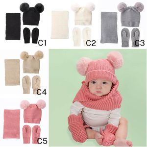 0-36 Maanden Baby Mode Wave Knit POM-POM MANIE SCARF GLOEDS SETS Mooie Kids Twee Ballen Effen Warme Hoeden Sjaals Handschoenen