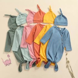 0-3m unisex babymeisjes jongens slaapzak set solide kleur lange mouw v-neck slaapzak puntige hoed voor de lente, herfst