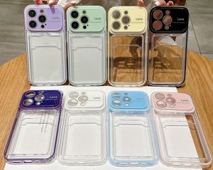 Estuches de TPU blandos con bolsillo para tarjetas para Iphone 15 Plus 14 Pro Max 13 12 11 Protector de lente de cámara Ventana grande Ventana grande Caja de ranura para tarjeta de identificación de crédito Caja transparente transparente para teléfono móvil Contraportada