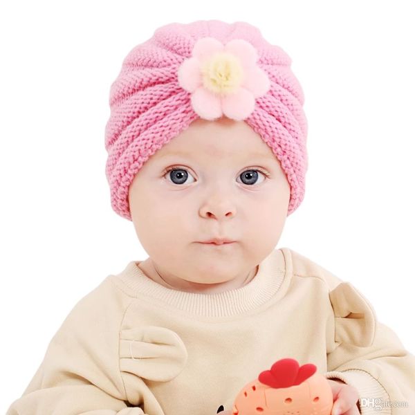 0-3T laine tricoté chaud chapeau pour nouveau-né infantile Turban Crochet tricot mignon bonnet fleur chapeau bébé tout-petits solide pull casquette