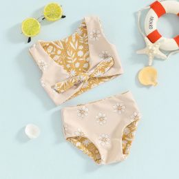 0-3y Baby Swimwear Girls Bikini Set Summer Floral Leopard Bow Ruffle Bathing Fssume avec Cap-Toddler Swimsuits pour enfants