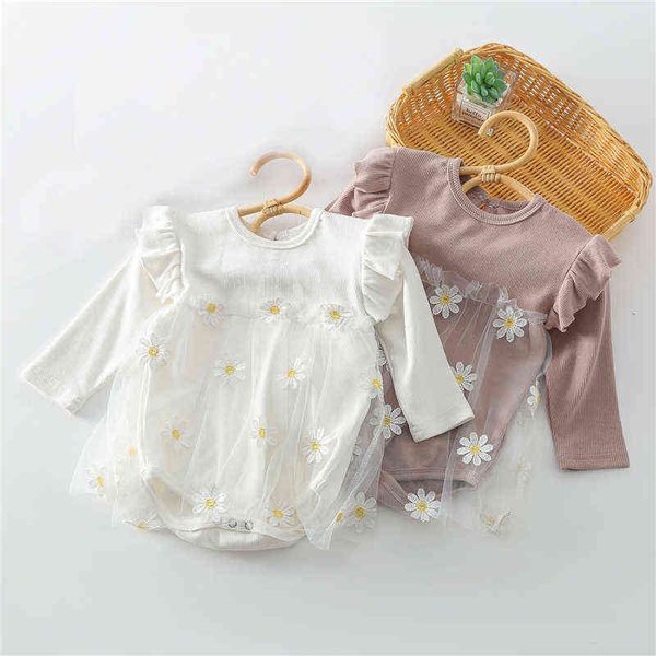 0-3Y bébé bébé barboteuse pour fille mignonne petite marguerite maille combinaison 2021 automne nouveau coton à manches longues enfants vêtements filles tenues G1221