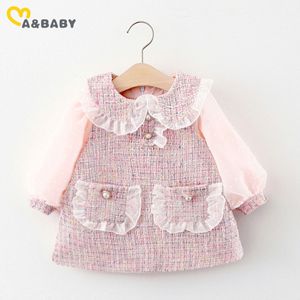 0-3Y Princesse Born Baby Girl Party Robe Automne Manches longues Peter Pan Collier Dentelle Volants Poche A-Line 210515