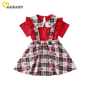 0-3Y Día de San Valentín Baby Girl Outfits Toddler born Infant Clothes Set Red T shirt Plaid Heart Print Faldas 210515