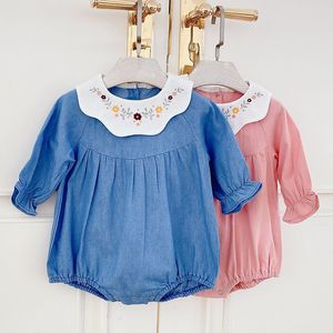 0-3yrs Baby Girl Embroidery Romper Lente Lange Mouwen Fashion Infant Katoen Kleding Rompertjes 210429