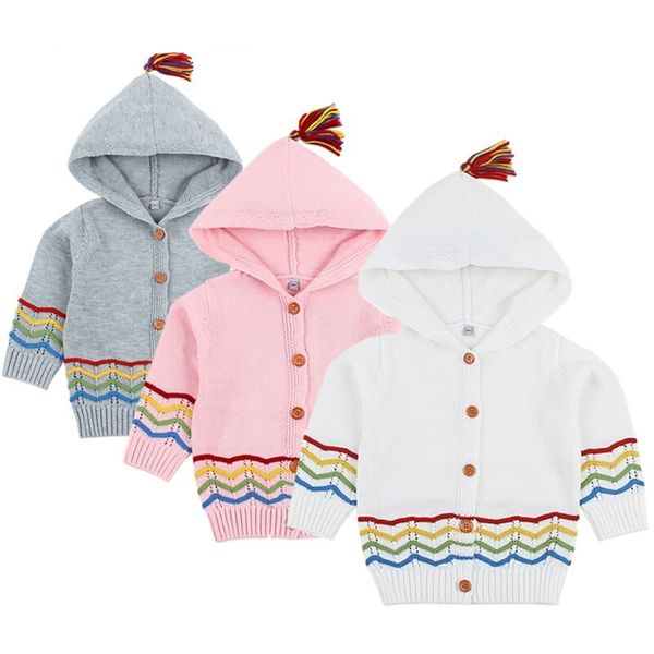 0-3 ans bébé arc-en-ciel broderie tricoté pull fille automne rayure Cardigan garçons chandails pour filles enfants vêtements 210417