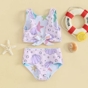 0-4y Baby Girls Bikini Set 2024 Été Shell / Flower Imprimer Nouted Tankini and Shorts Set Kids Swimsuits Baths Clews