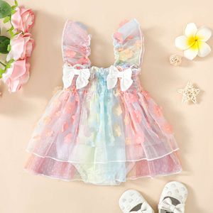 0-4Y peuter babymeisjes romper/jurk ruches vlieg mouw kleurrijke bloem verfraaide bowknot zomer prinses jurk