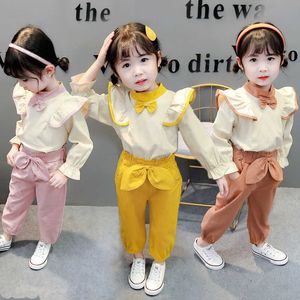 0-4year peuter baby causale kleding set voor meisjes lange mouw katoenen t-shirts tops met broek mooie bogen snoep kleur outfit 210529