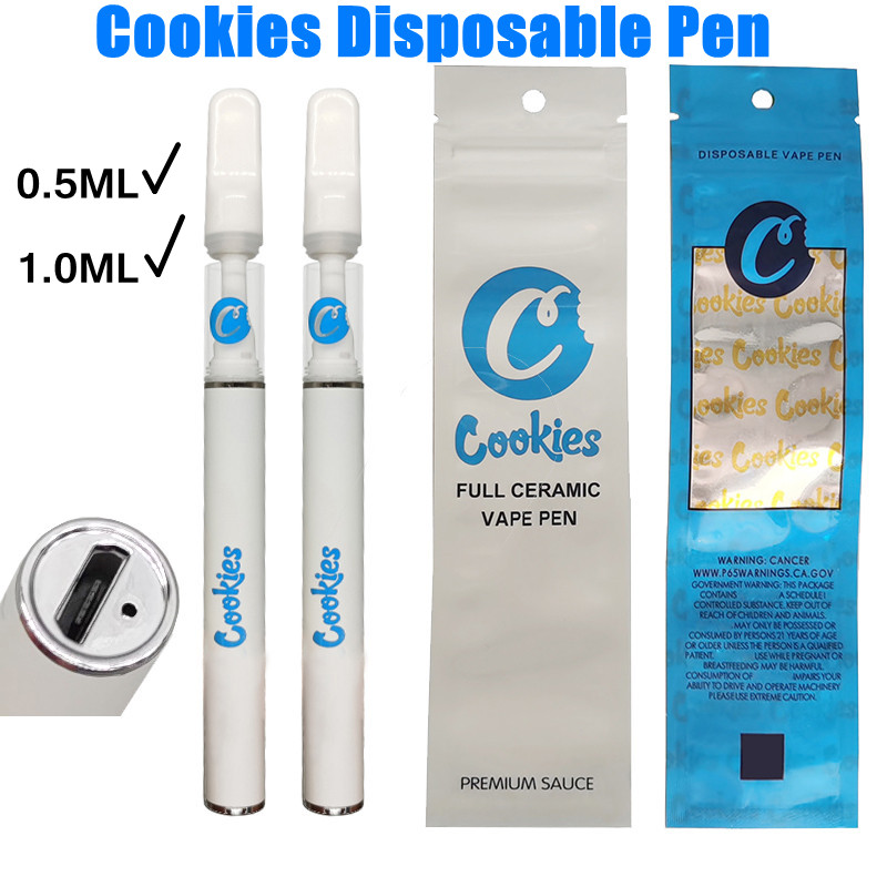 0.5ML Rechargeable Cookies Vapes Full Ceramic Disposable Vape Pens Kits E-cigarettes Snap Tops 290mah Battery 1ml Cartridges Lead Free Custom Logo Packaging Empty