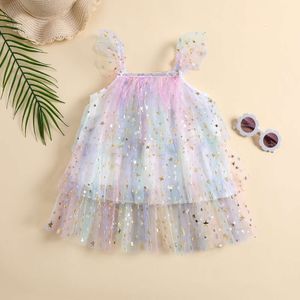 0-6Y Princess Kids Girls Summer T Shirts 2 kleuren Ruches Fly Sleeve Mesh Lace labined Multi-Layered Dress