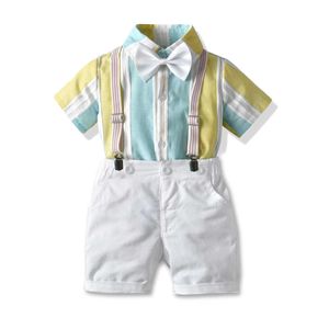 0-6Y été Gentleman infantile bébé garçons vêtements ensembles rayé à manches courtes simple boutonnage hauts nœud papillon salopette Shorts X0802