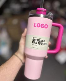 PINK Flamingo 40oz Quencher H2.0 Tasses Tasses Camping Voyage Tasse de voiture Gobelets en acier inoxydable Tasses avec poignée en silicone Cadeau de la Saint-Valentin avec 1: 1 Même logo 1117