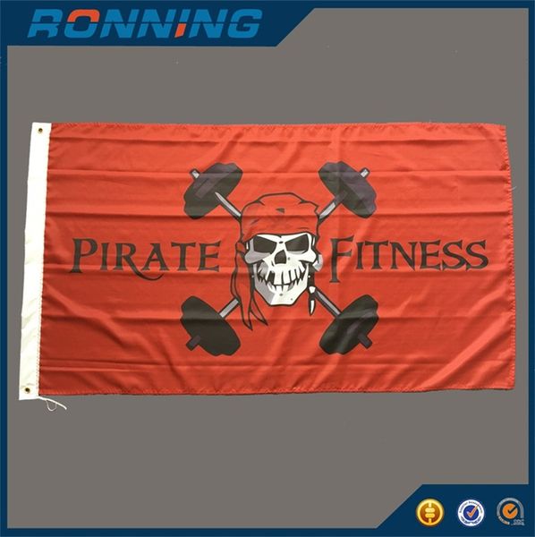 0.9x1.5m Pirate Fitness Drapeau 3x5ft Fond Rouge avec Tissu Polyester Imprimé pour la Décoration ou Halloween, livraison gratuite