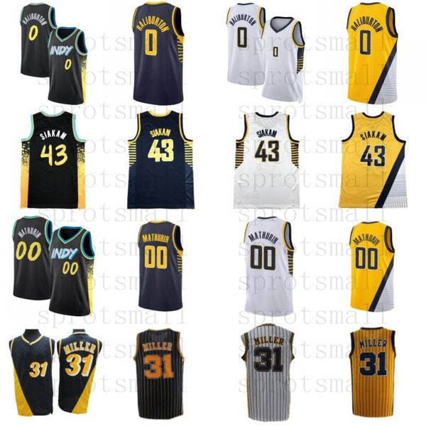 0 Tyrese Haliburton 43 Pascal Siakam 00 Bennedict Mathurin City camisetas de baloncesto para hombre 31 Reggie Miller azul amarillo blanco camisa retro