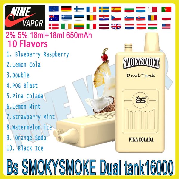 00% original BS SMOKYSMOKE16000 Puff Cigarrillo electrónico desechable Tanque dual con 2 bobinas de malla individuales Potencia 650 mAh recargable 18 ml + 18 ml 12 sabores Vapes