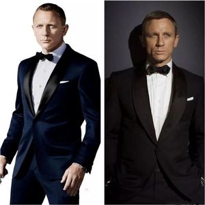 007 James Bond Dark Blue Groom Tuxedos Jacket+Pant+Tie Men Fashion Tux Tuxedos Boyfriend Blazer Bridegroom Men Clothing Speech