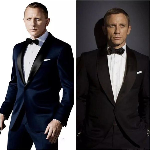 007 James Bond Bleu Foncé Marié Tuxedos Veste + Pantalon + Cravate Hommes Mode Tux Tuxedos Petit Ami Blazer Marié Hommes Vêtements Discours