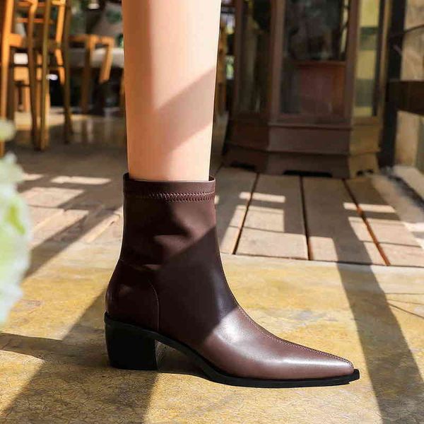 009-12 Sandales Style Mode Simple Talon Épais Haut Pointu Sexy Mince Bottes Courtes Femme Chevalier