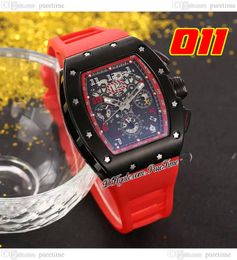 011 A21J Automatic Mens Watch PVD Steel Case All Black Skeleton Dial Big Date Red Rubber Strap 8 Styles horloges Puretime C3