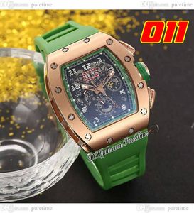 011 A21J Automatic Mens Watch Rose Gold Skeleton Dial Big Date Green Rubber Riem 7 Styles horloges Puretime G7