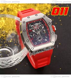 011 A21J Automatic Mens Watch Steel Case Skeleton Dial Big Date Red Rubber Strap 7 Styles horloges Puretime A1