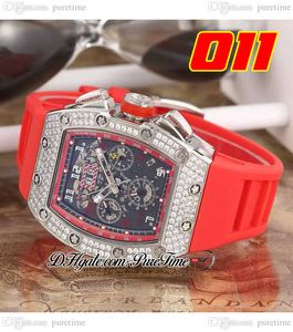 011 A21J Automatique HETS Watch Steel Case Diamonds Diamants Cadran noir Squelette Big Date Rouge en caoutchouc rouge 7 Styles Montres Puretime G7