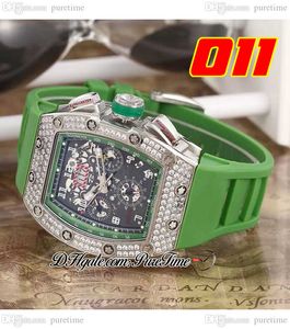 011 A21J Automatische Mens Watch Steel Case Diamonds Bezel Black Skeleton Dial Big Date Green Rubber Riem 7 Styles horloges Puretime A1