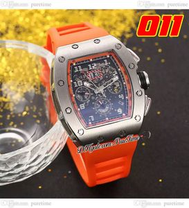 011 A21J Automatic Mens Watch Steel Case Skeleton Dial Big Date Orange Rubber Riem 7 Styles horloges Puretime D4