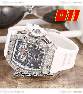 011 A21J Montre automatique pour homme Boîtier en acier Diamants Lunette Cadran squelette noir Grande date Bracelet en caoutchouc blanc 7 styles Montres Puretime B2