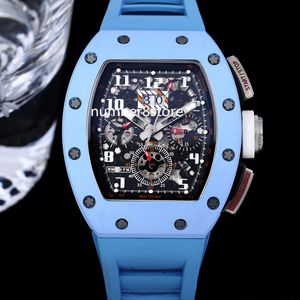 011-FM Automatische Flyback Chronograaf Herenhorloge Baby Blue Ceramic Skeleton Dial Sapphire Crystal Luxe Horloge 2 Kleuren