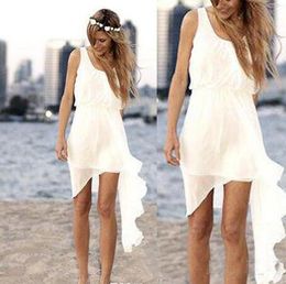 Korte strand trouwjurken schep halslijn mouwloze chiffon bruidsmeisje jurken zomer boho bruidsjurk