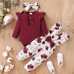 018 Months Baby Girl Cloth Juego de color rojo Sleevs Long Sleevs Bodysuit Flower Strap Pantal