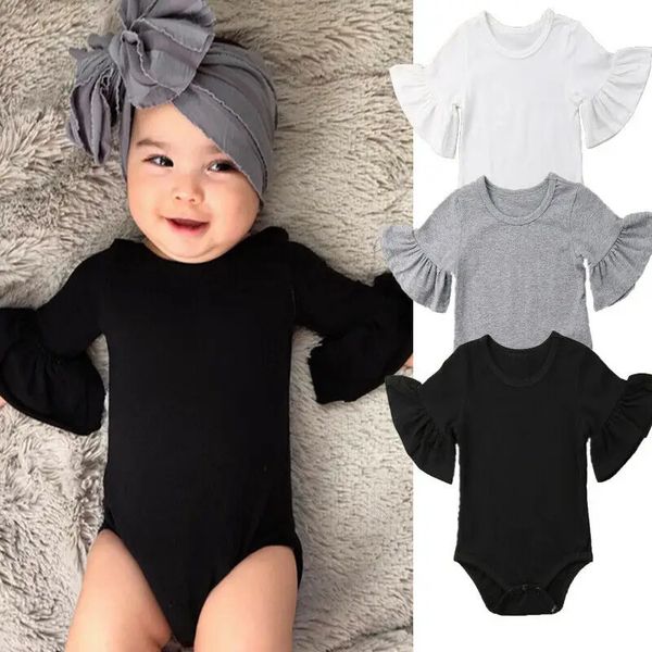 024m Born Baby Girl Flare Sleeve Solid Blanc White Grey Grey Casual Rober Jumpsuit Onepiece Tenues Coton Cloth Vêtements 240529