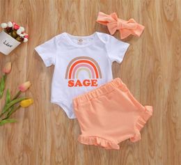 024m pasgeboren baby babymeisjes kleren sets regenboogafdruk korte mouw romper shorts hoofdband 3 stcs kleding32527715115