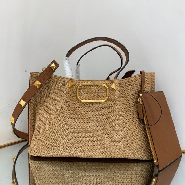 0305 Nuevo bolso de mujer Bolso de mano de alta calidad hecho de rafia natural bolso de hombro tejido con cremallera bolsillo interior correa para el hombro extraíble de gran capacidad