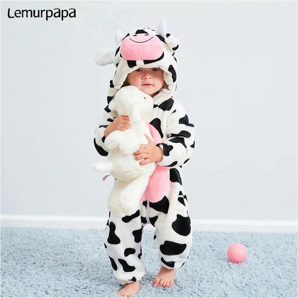 04 años Bebé Kawaii Romper Niño Niña Kigurumis Onesie Invierno Cálido Traje acogedor Animal Traje de vaca Mono para el hogar Ropa divertida para niños 231226